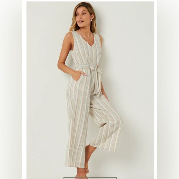Hayden Pants - Hayden Los Angeles  Cream and White Jumpsuit with Tie Waist